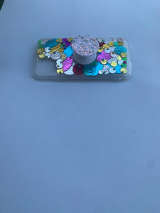 UB Designer Iphone 11 “Mardi Gras on Mars” TPU soft phone case with glitter pop socket