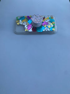 UB Designer Iphone 11 “Mardi Gras on Mars” TPU soft phone case with glitter pop socket